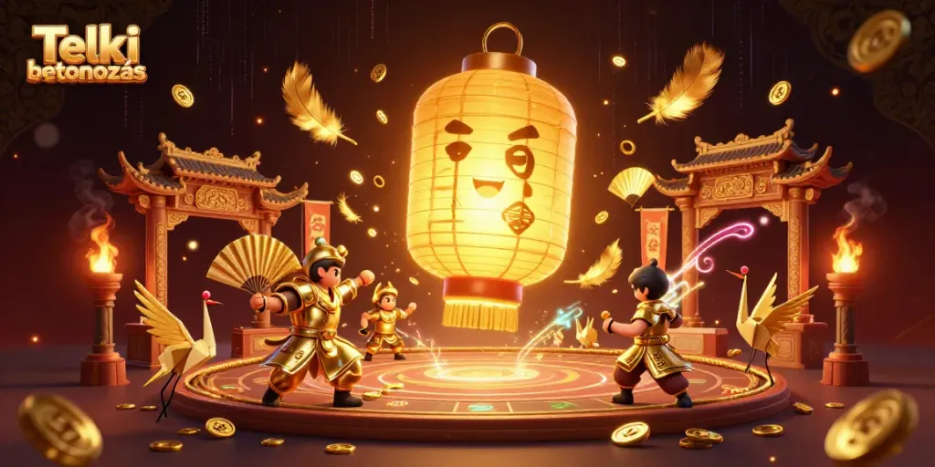 Engage in Telki betonozás with a vibrant scene of golden lantern spirits and warriors at a night market casino.