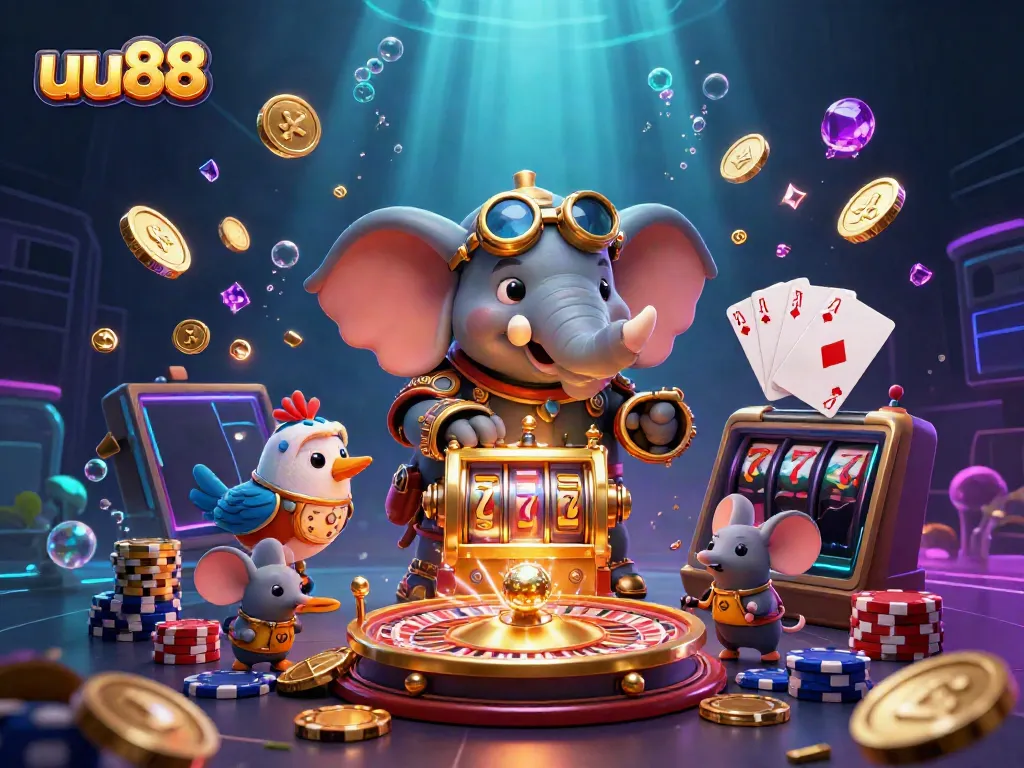 Experience thrilling wins at uu88 with a steampunk elephant managing a golden slot machine, surrounded by lively game elements.