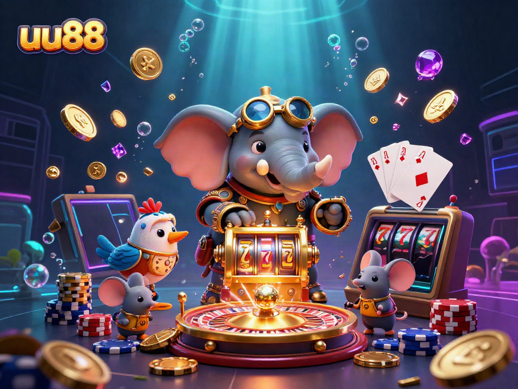 Experience thrilling wins at uu88 with a steampunk elephant managing a golden slot machine, surrounded by lively game elements.