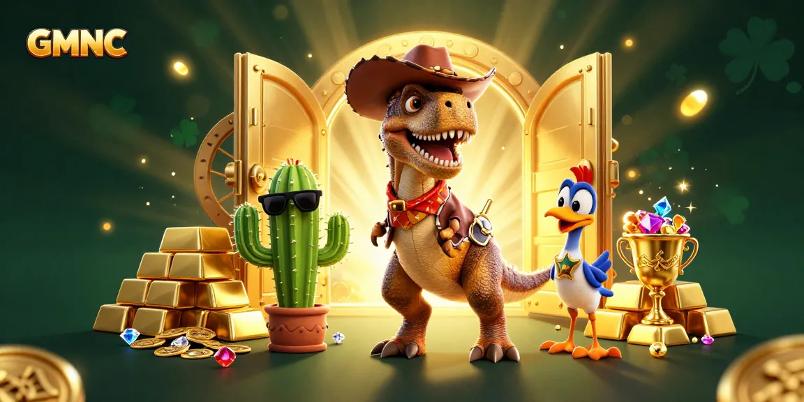 Join the GMNC adventure with a cowboy dinosaur in a vibrant casino treasure scene!