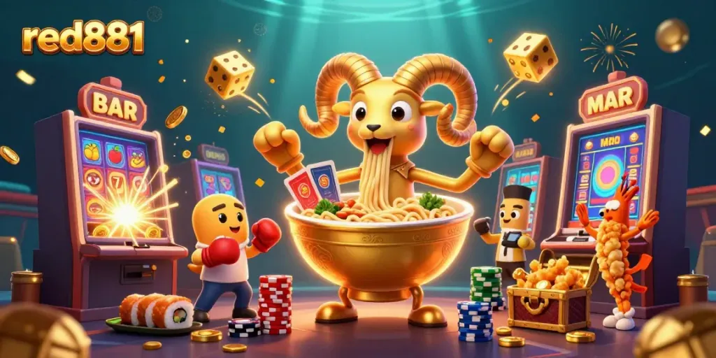 Engage with thrilling games at red881, where cartoon characters cheer atop explosive slots and dazzling casino decor.