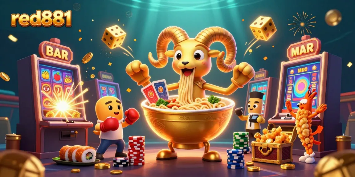 Engage with thrilling games at red881, where cartoon characters cheer atop explosive slots and dazzling casino decor.