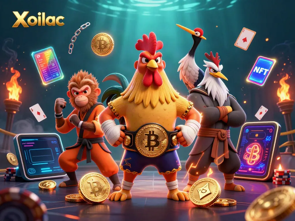 Xoilac features a fierce Muay Thai rooster, a Shaolin monkey, and a wise crane at a vibrant casino backdrop.