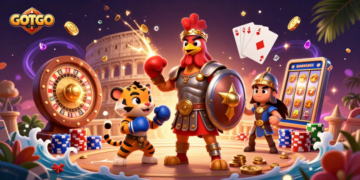 Rasakan aksi mendebarkan dari GOTOTO dengan ilustrasi 3D dinamis dari seekor ayam jantan gladiator dan elemen kasino yang menarik.