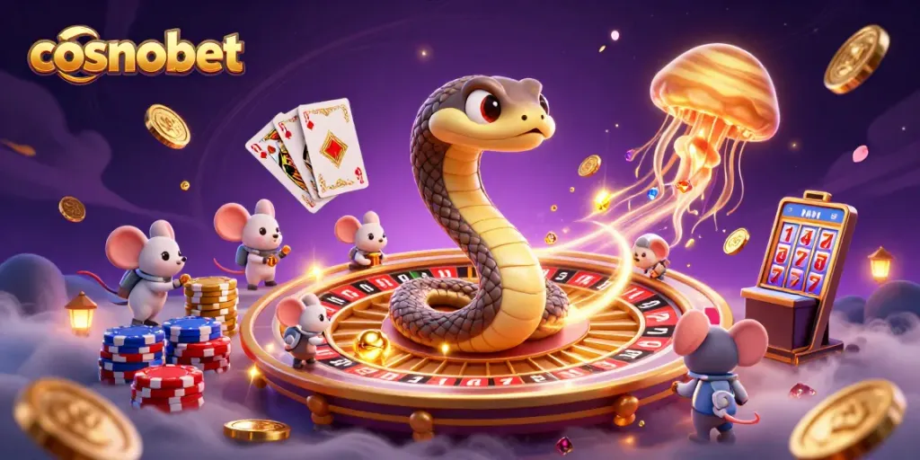 Engage with cosmobet's cosmic-themed casino scene featuring vibrant characters and game elements, creating an immersive betting experience.