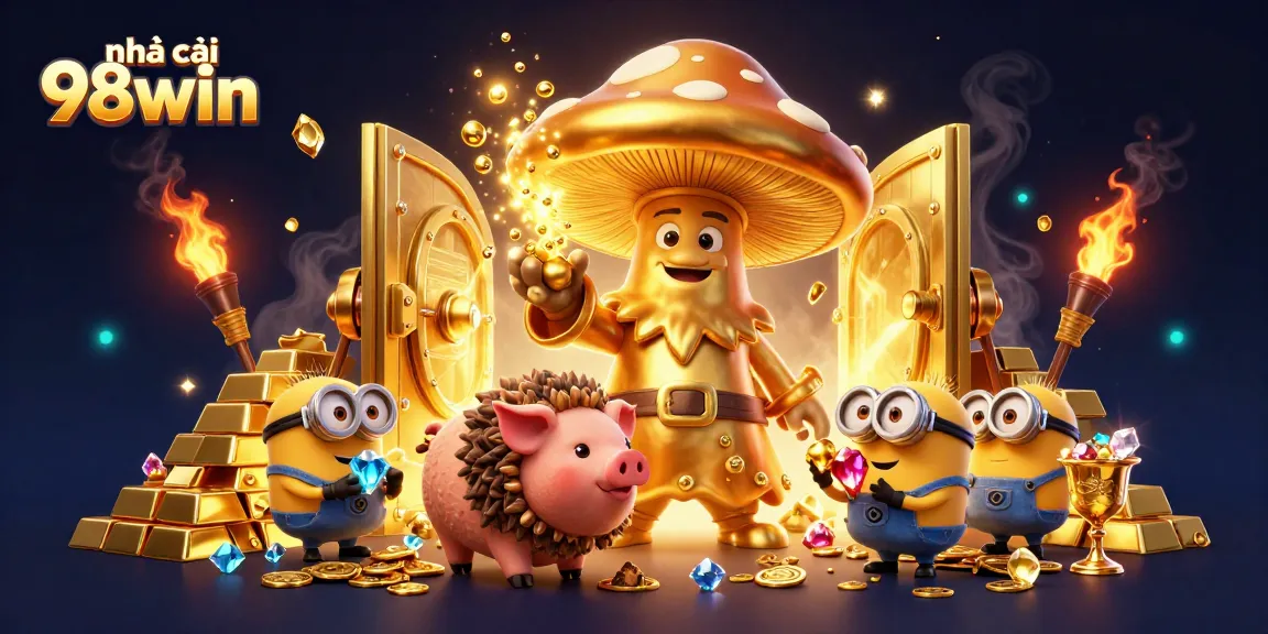Catch thrilling jackpots at nhà cái 98win, featuring a dynamic golden wizard with treasure alongside gaming riches.