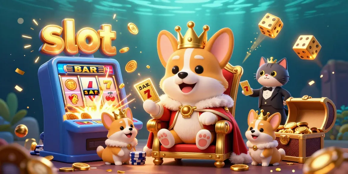 Engage with slot excitement in a vibrant, ultra-detailed 3D casino illustration featuring a royal corgi and thrilling game elements.