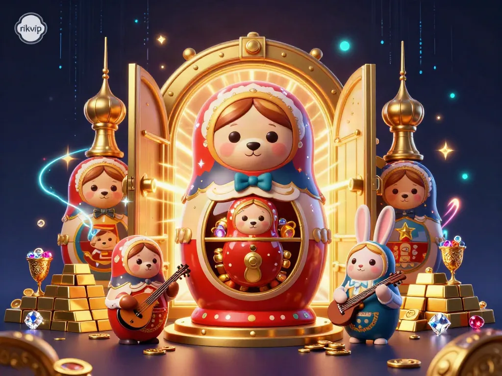 Experience enchanting gameplay with rikvip's vibrant casino scene full of golden treasures and gaming elements.