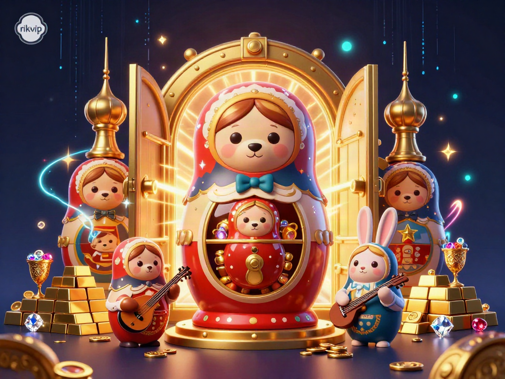 Experience enchanting gameplay with rikvip's vibrant casino scene full of golden treasures and gaming elements.