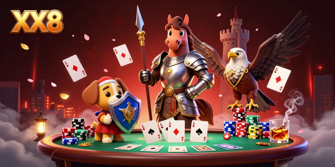Win big with XX8 featuring a knight and companions at a vibrant poker table surrounded by colorful chips.