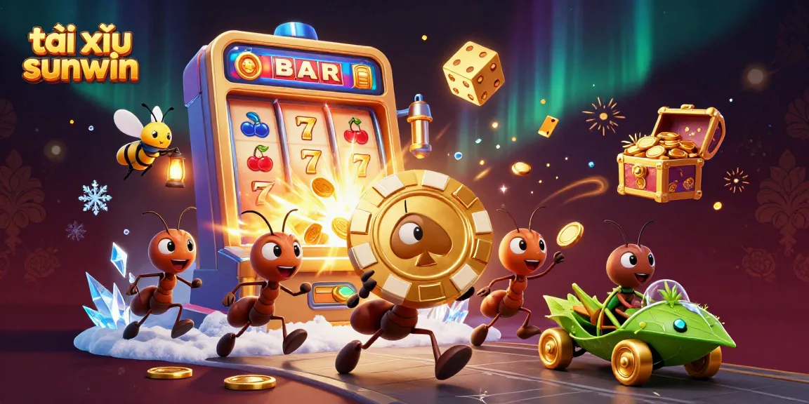 Engage with tài xỉu sunwin in a vibrant scene of animated ants heisting a giant poker chip.