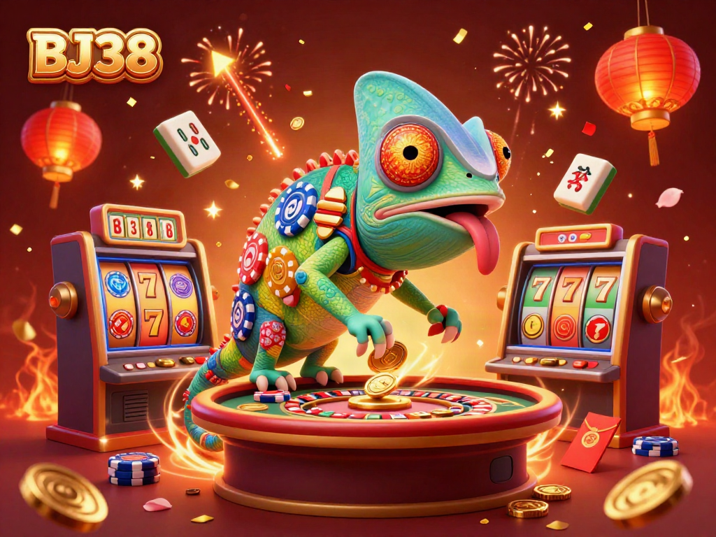 Experience the vibrant BJ38 casino scene with dynamic slot machines and a colorful chameleon owner.