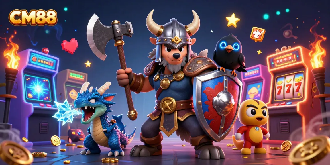Engage with CM88’s vibrant gaming world featuring a Viking warrior, fierce dragon, and arcade elements.