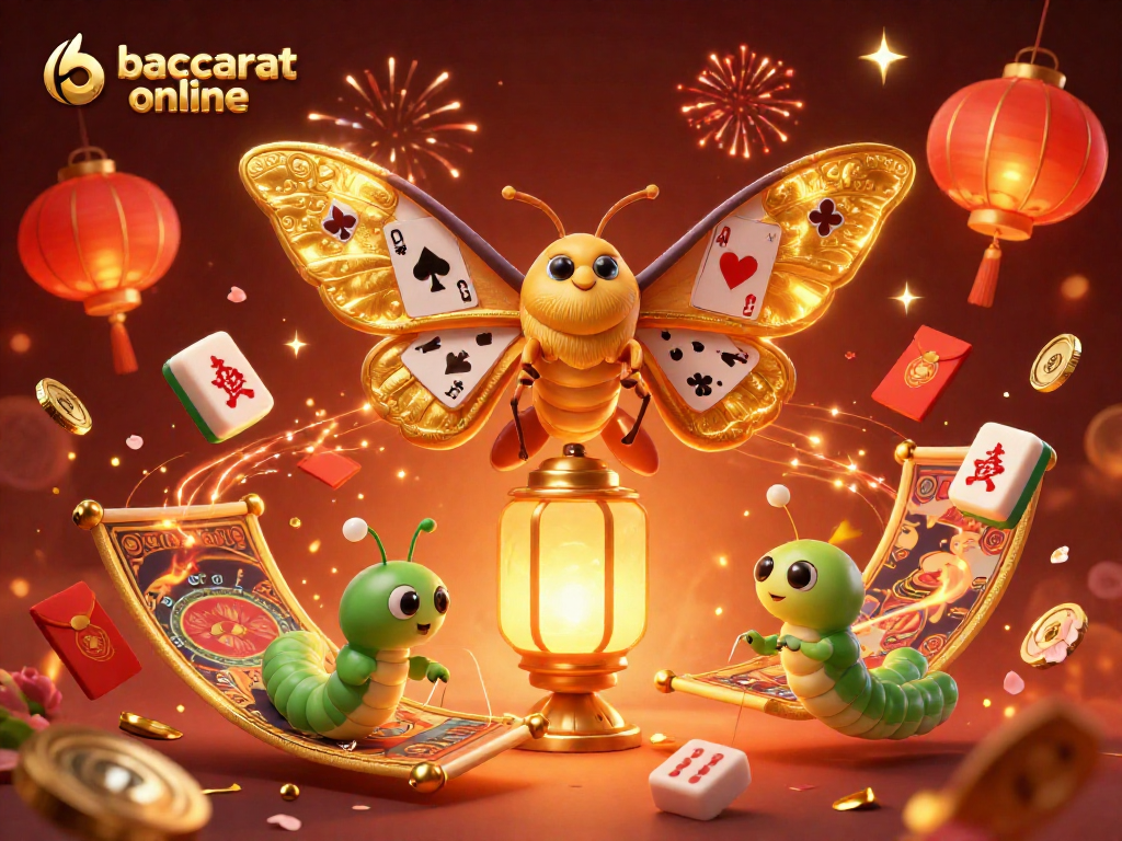 baccarat online illustration featuring a majestic moth, playing cards, and casino elements creating a vibrant atmosphere