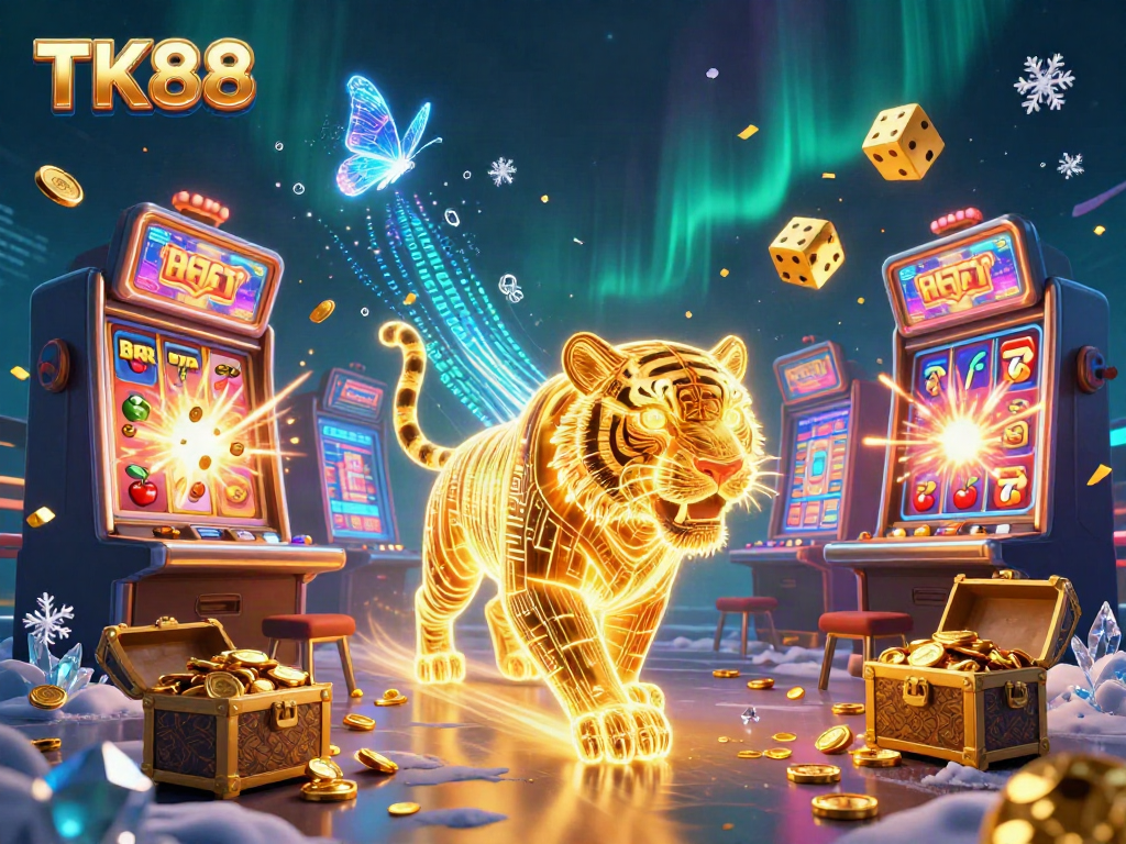 Engage with the vibrant energy of TK88's digital casino landscape as a golden tiger prowls amidst slot machines and flying symbols.