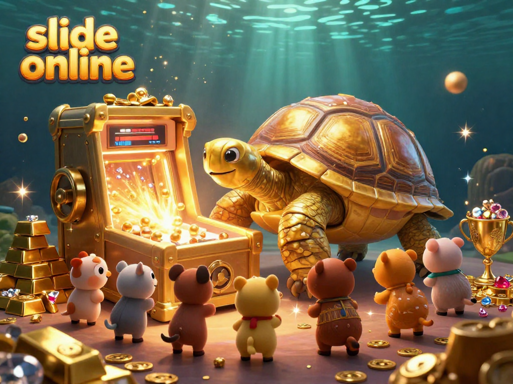 Engage in slide online with this colorful scene featuring a colossal tortoise and exciting treasure rewards.