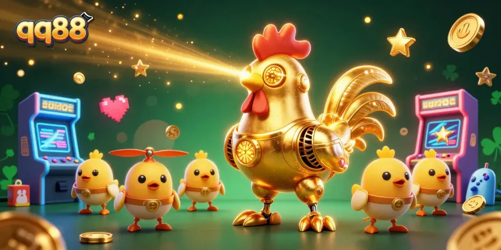 Experience the vibrant qq88 gaming world through an illustration featuring dynamic characters and casino elements.