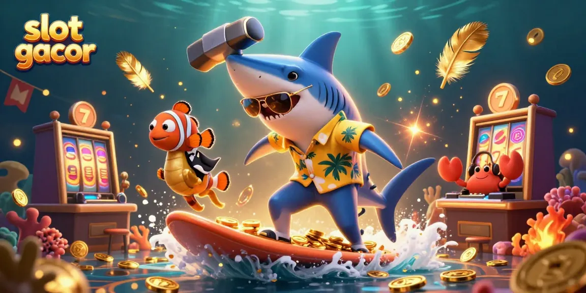 Experience fun with slot gacor as a shark surfs waves of coins with friends in this vibrant illustration.