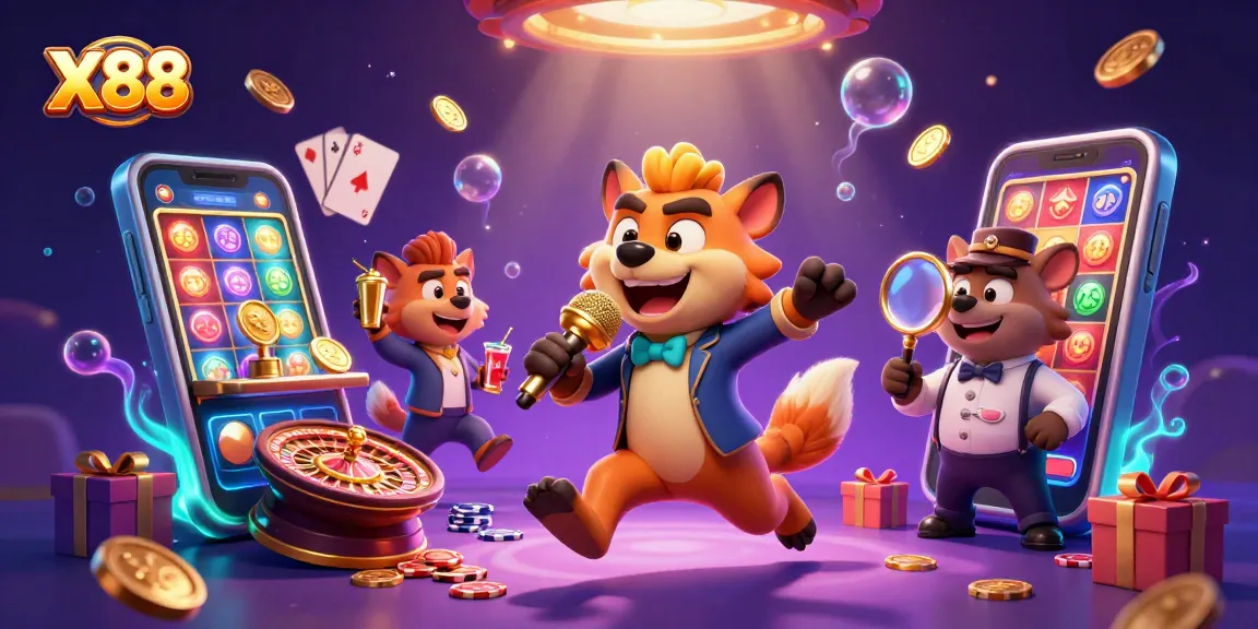 Experience thrilling gameplay at X88 casino, featuring energetic hyena characters in a vibrant 3D casino setting.