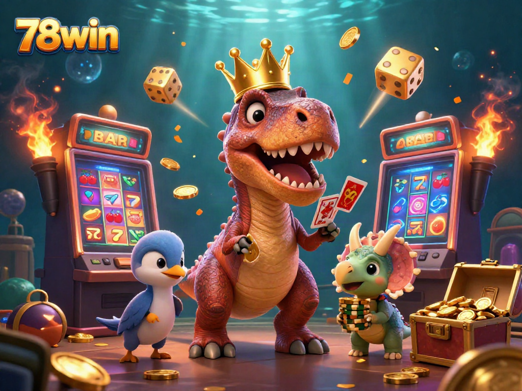 Experience thrilling wins with 78win as a T-Rex and friends celebrate a jackpot in a vibrant casino