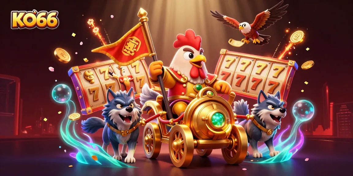 Engage with KO66's vibrant 3D casino scene showcasing slot reels and lively characters in action.