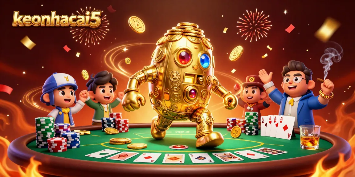 Engage with keonhacai5's thrilling gaming scene featuring an animated golden golem amidst a vibrant poker ambiance.