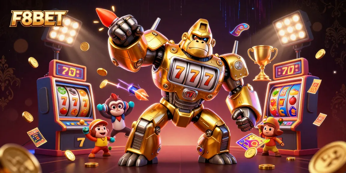 Experience thrilling wins with F8BET's dynamic 3D casino illustration showcasing exciting slot elements.