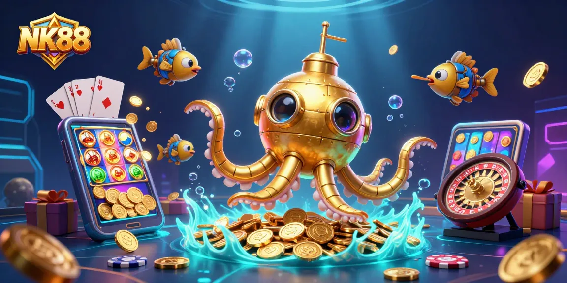 Engage in thrilling gameplay at NK88 with a golden kraken submarine and exciting casino elements.