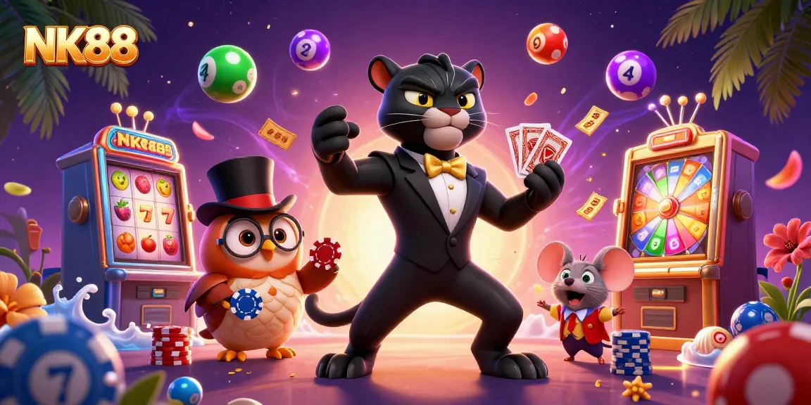 Experience thrilling gaming action with NK88 and stylish characters in this vibrant casino illustration.