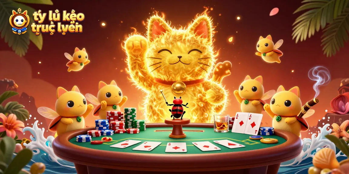 Experience tỷ lệ kèo trực tuyến with a lucky cat and vibrant poker ambiance.