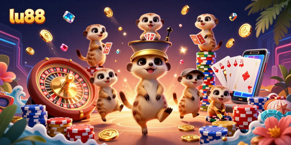 Win big at lu88 with meerkats running a vibrant casino, featuring chips, cards, and gold coins.