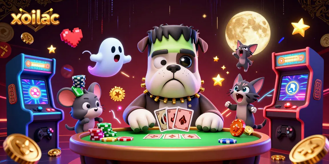 Experience thrilling gameplay with xoilac featuring a Frankenstein bulldog monster at a captivating haunted casino.