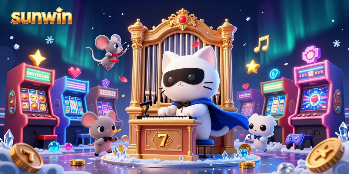 Experience sunwin gameplay with a whimsical 3D casino scene featuring animated characters amid vibrant slot reels and dynamic gaming elements.