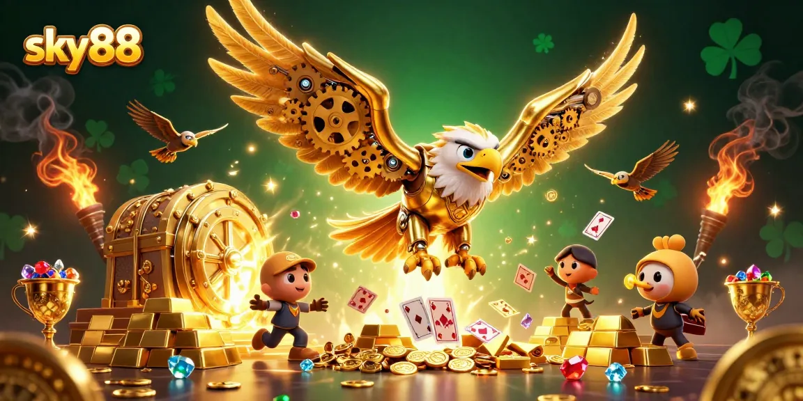Engage with thrilling opportunities at sky88, where a golden eagle navigates a dazzling casino world.