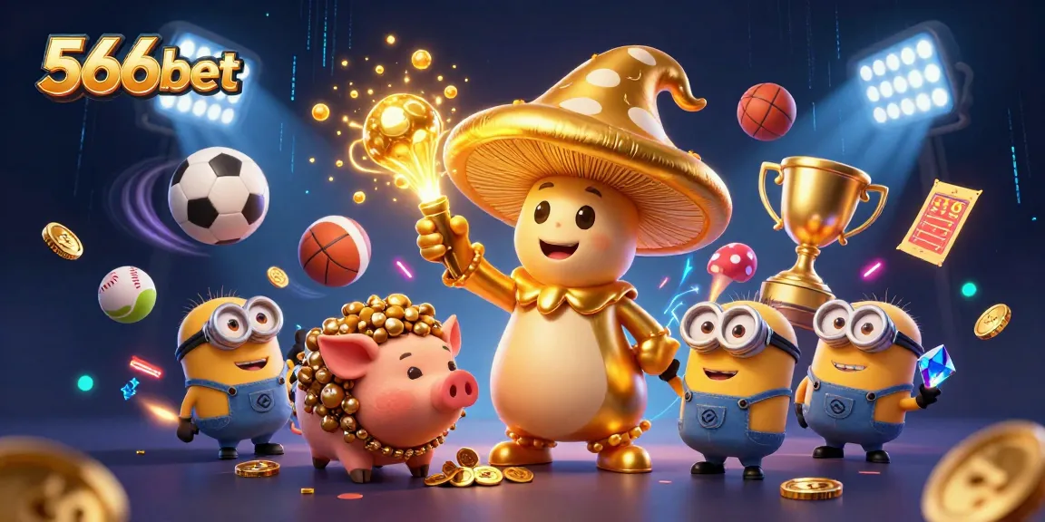 Experience thrilling wins at 566bet with a magical 3D casino scene showcasing vibrant gaming elements.