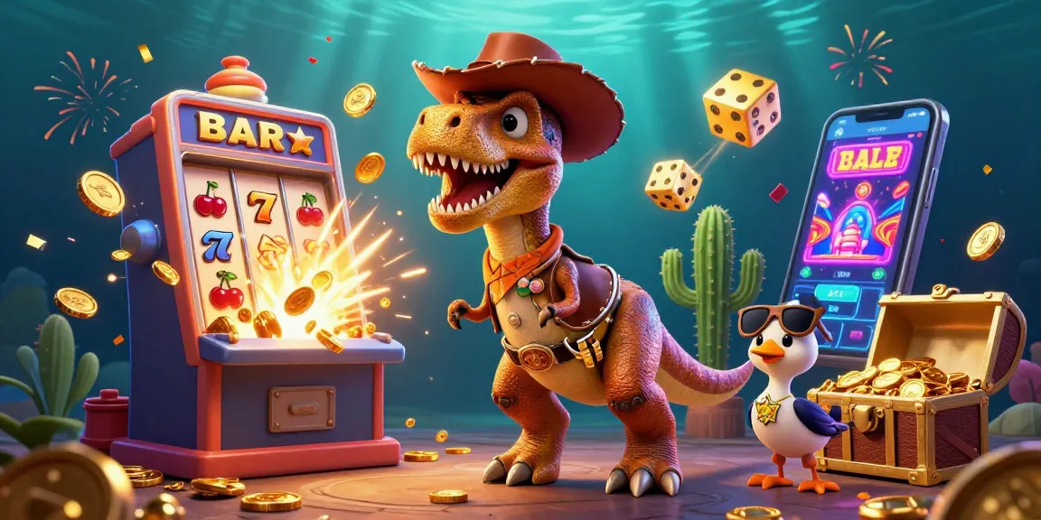 Engage with exciting sunwin game bài as a T-Rex and friends celebrate jackpot wins with coins and thrilling elements.