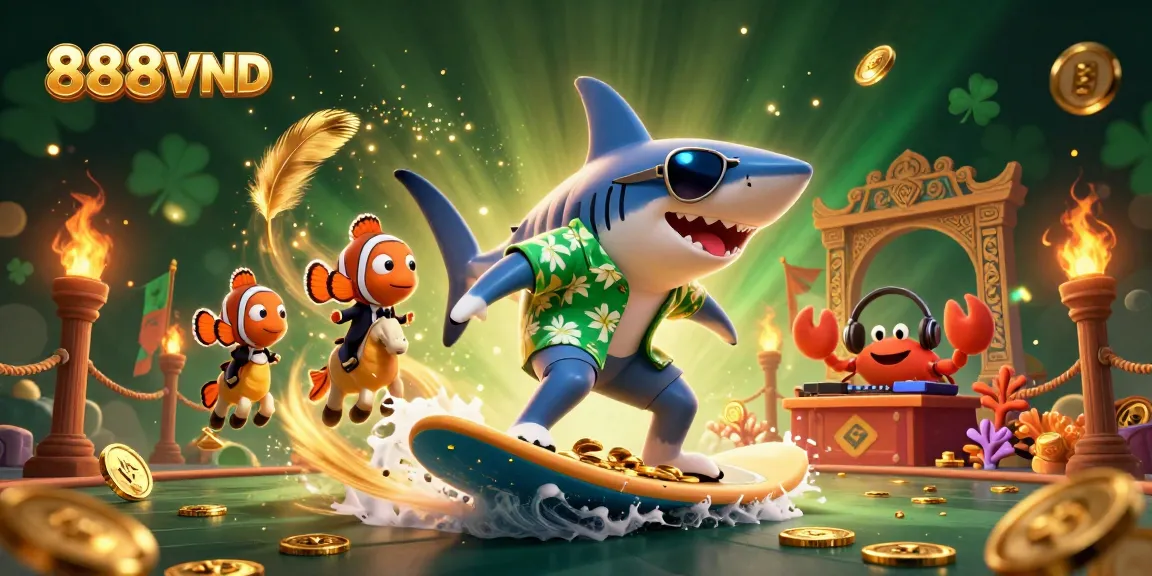 Jump into the vibrant world of 888VND, featuring a hammer-head shark surfing on gold coins alongside dynamic sea creatures.