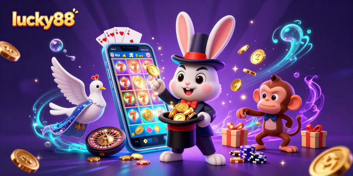 Win big with lucky88 as a playful magician rabbit, dove, and monkey enhance slot game excitement.