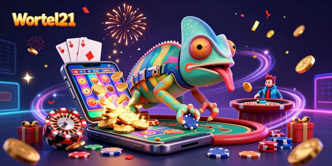 Engage with Wortel21's vibrant casino scene featuring golden coins, roulette, and colorful slot games.