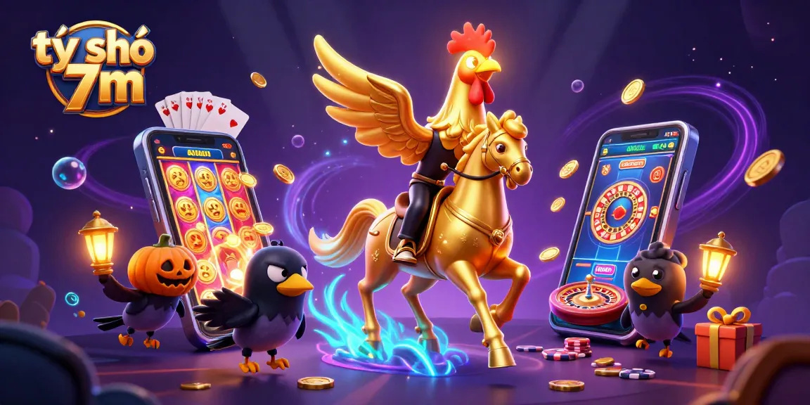 Experience the excitement of tỷ số 7m with a whimsical golden rooster in a vibrant casino!
