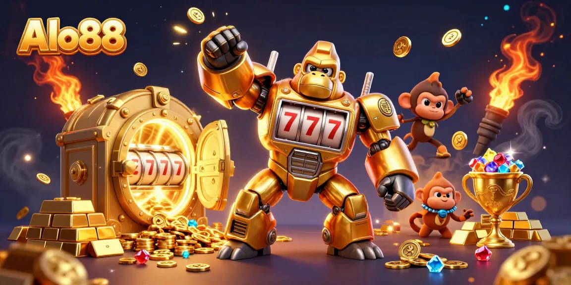 Alo88 showcases a thrilling slot game experience with a dynamic golden gorilla mech and dazzling treasures.