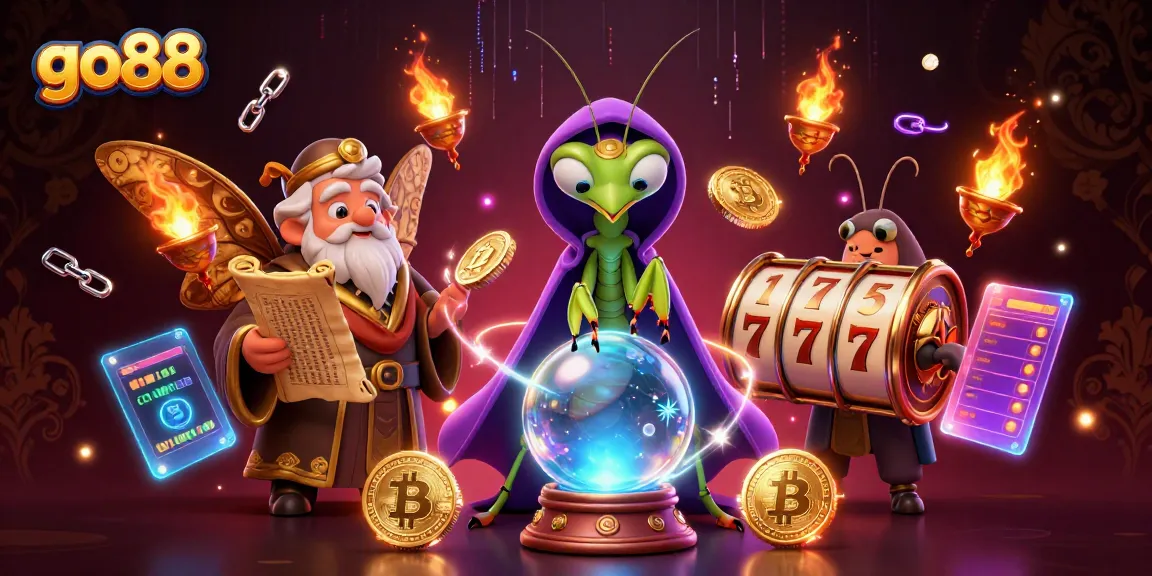 Engage in thrilling gameplay at go88 with a vibrant illustration of a mystical fortune teller and an ancient moth librarian amid a rich casino scene.