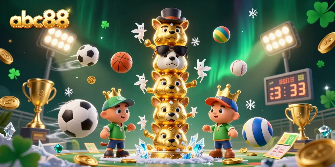 Experience the thrilling world of abc88 with this vibrant 3D casino illustration showcasing dynamic sports elements and a golden totem.