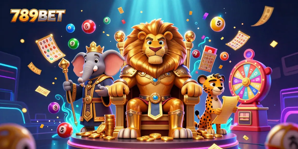 Experience excitement with 789BET's vibrant casino scene featuring a lion king and lottery elements.