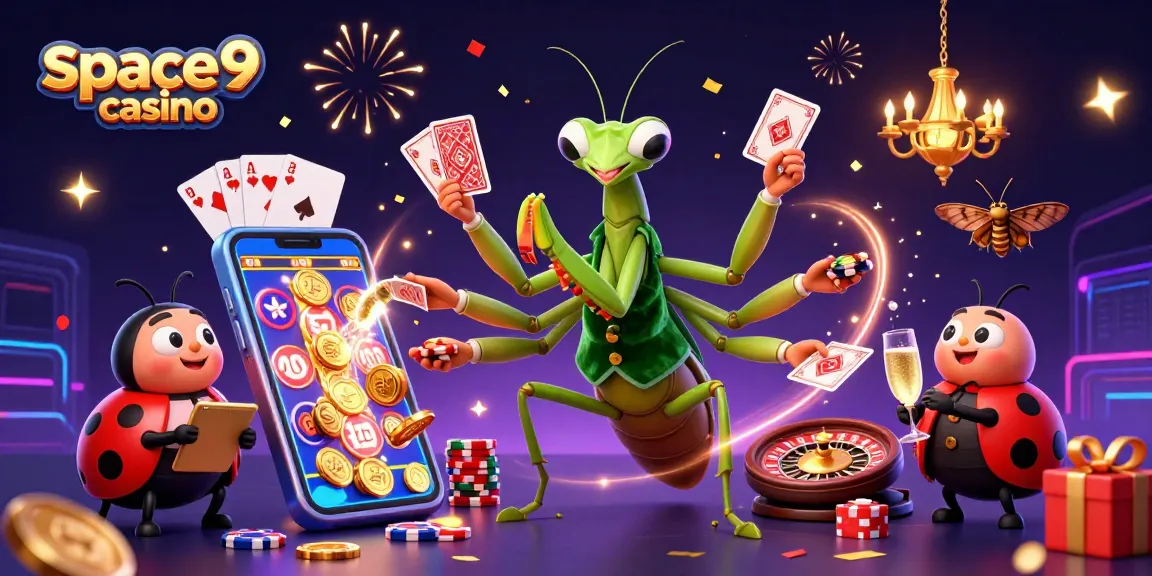 Experience the excitement at space9 casino with a vibrant illustration showcasing a giant praying mantis card sharp and engaging game elements.