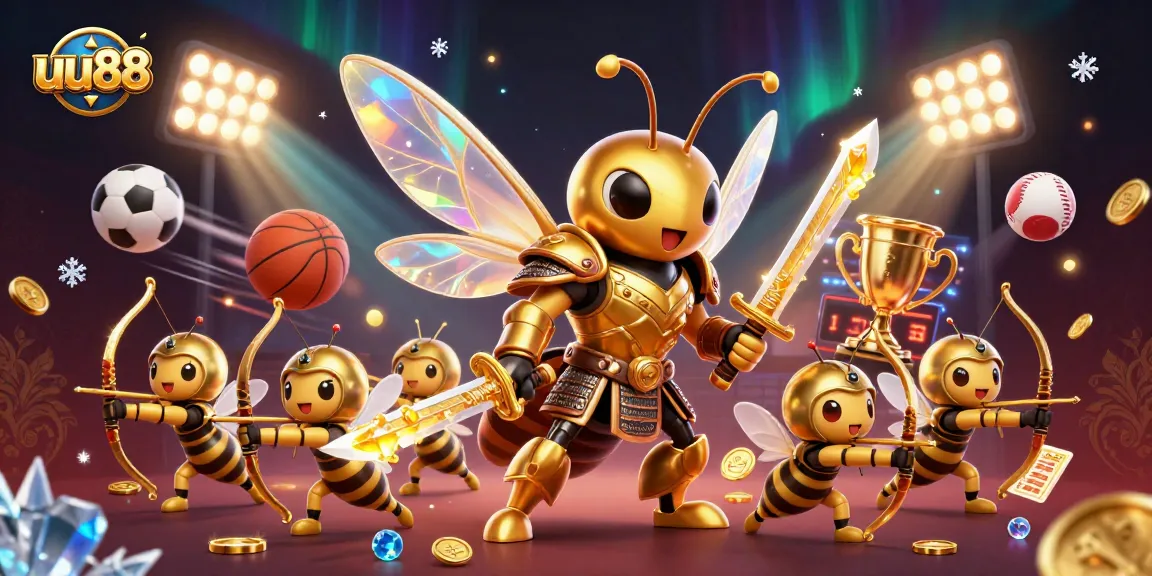 Experience thrilling sports betting at uu88 with a dynamic illustration of a golden hornet in samurai armor.