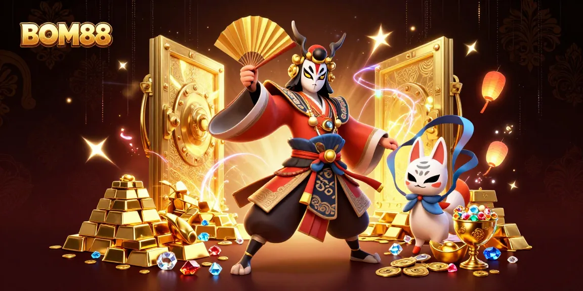 Experience the excitement of BOM88's gaming universe with vibrant characters and treasures in a casino setting.