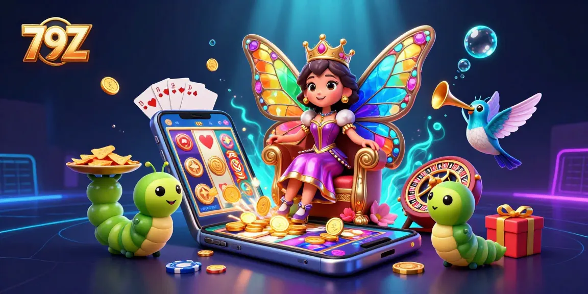 Experience vibrant gaming with 79Z's dynamic slot scenes and joyous casino elements in a 3D illustration.
