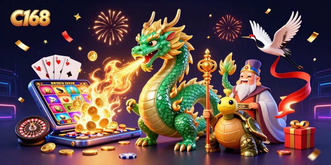 C168 players invoking luck with the emerald jade dragon and fortune elements in a vibrant casino atmosphere