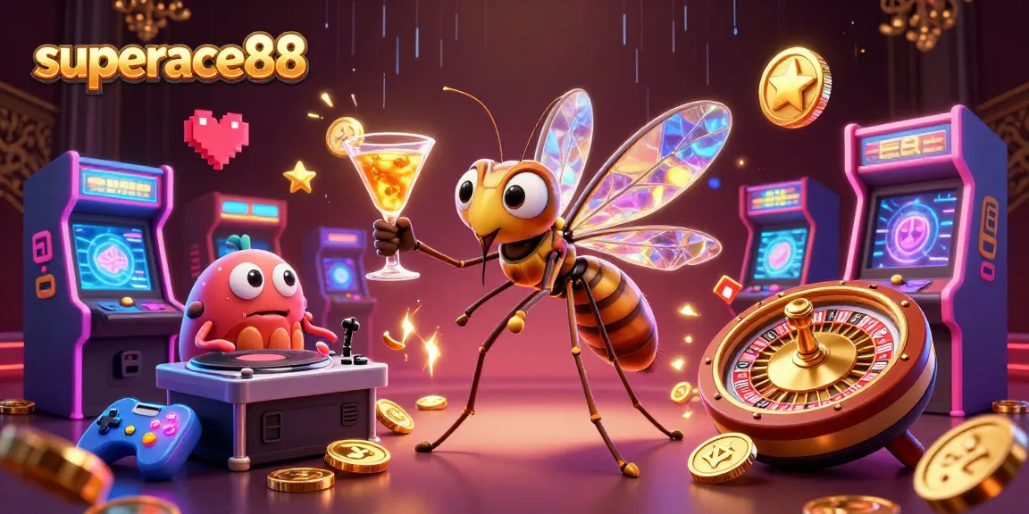 Engage with superace88's vibrant casino universe featuring animated gaming characters, roulette, and arcade elements.